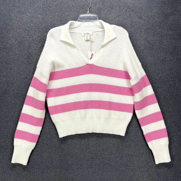 Jessica Simpson Sweater Womens Medium White Pink Striped Cropped collared Knit - Picture 1 of 15